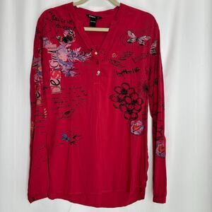 Desigual women’s red top floral boho casual festival size XL